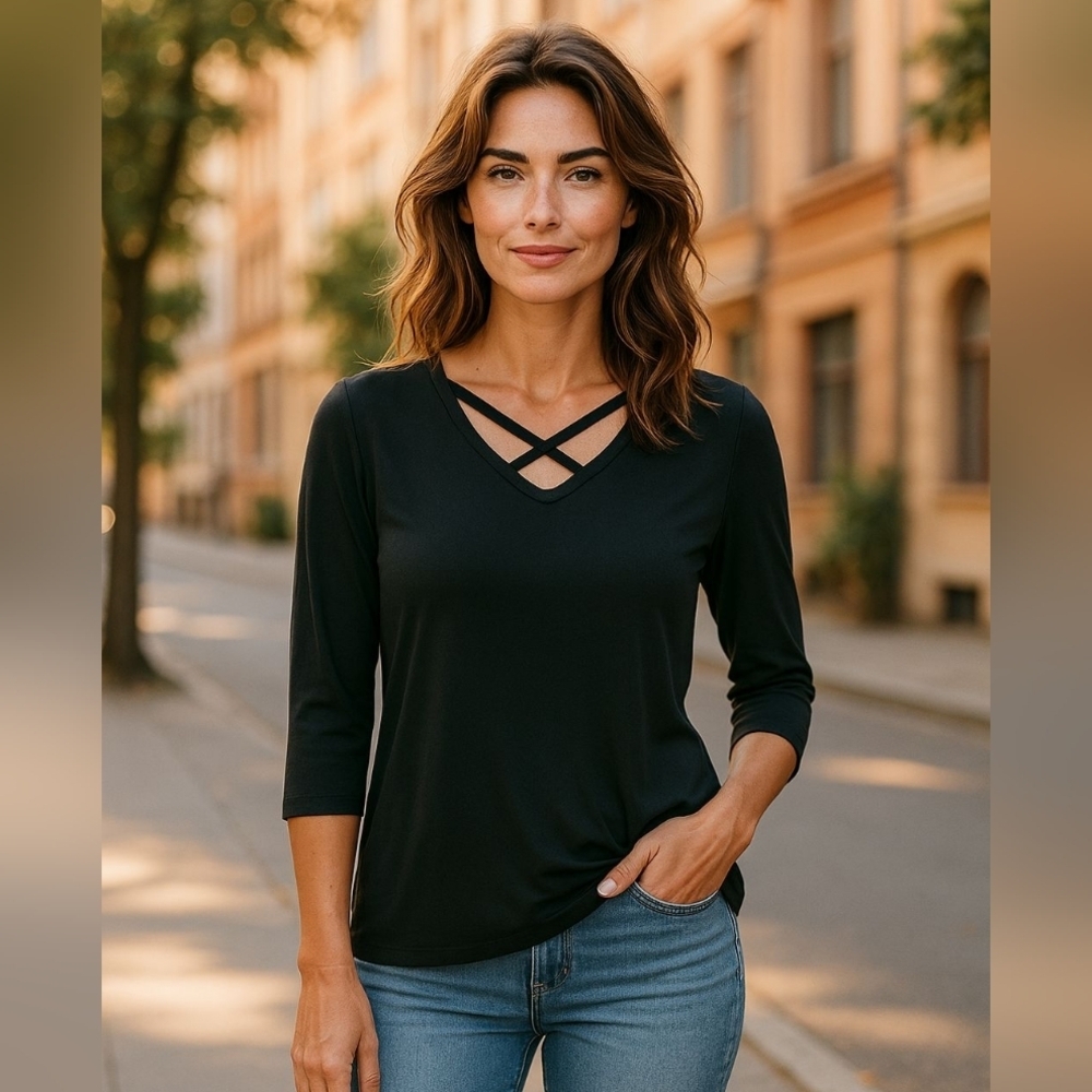 Exclusively Misook Vintage Top ,3/4 sleeves, black,oversized small,shoulder pads